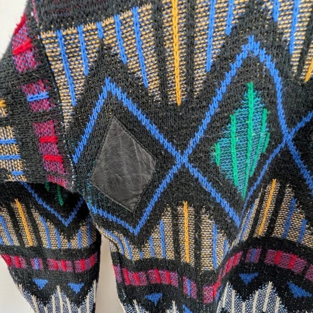 Vintage‎ 80s 90s Graphic Knit Sweater Leather Applique Grandpacore Coogi Style M